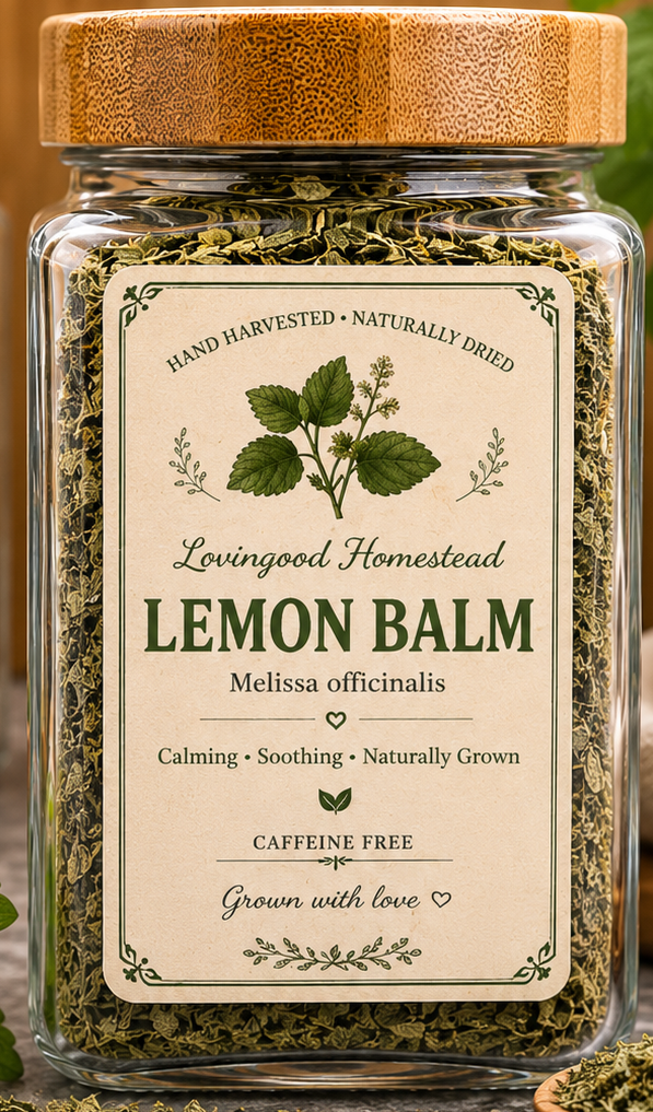 Lovingood Homestead Dried Lemon Balm - 4 oz Glass Apothecary Jar